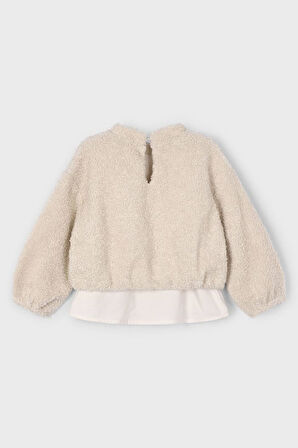 Kız Çocuk Etek Ucu Gömlek Görünümlü Pelüş Sweatshirt - Bej | 10 Yaş