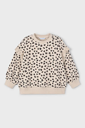 Kız Çocuk Kolları Fırfırlı Leopar Desenli Sweatshirt - Bej | 3 Yaş