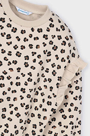 Kız Çocuk Kolları Fırfırlı Leopar Desenli Sweatshirt - Bej | 5 Yaş