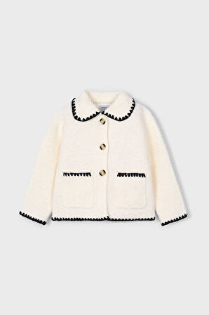 Kız Çocuk Kontrast Biyeli Buklet Ceket - Ekru | 6 Yaş