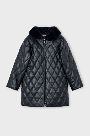 Kız Çocuk Normal Kalıp Pelüş Yaka Baklava Desenli Kapitone Kaban - Siyah | 4 Yaş