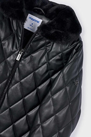 Kız Çocuk Normal Kalıp Pelüş Yaka Baklava Desenli Kapitone Kaban - Siyah | 8 Yaş