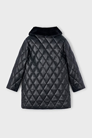 Kız Çocuk Normal Kalıp Pelüş Yaka Baklava Desenli Kapitone Kaban - Siyah | 10 Yaş