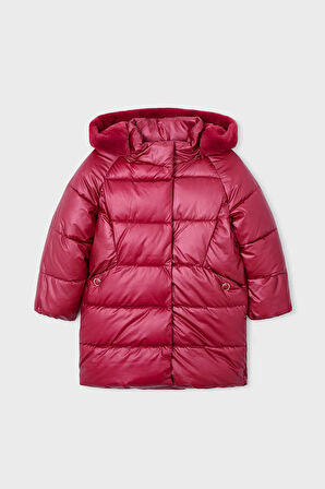 Kız Çocuk Normal Kalıp Kapüşonu Pelüş Astarlı Uzun Şişme Kaban - Vişne | 3 Yaş