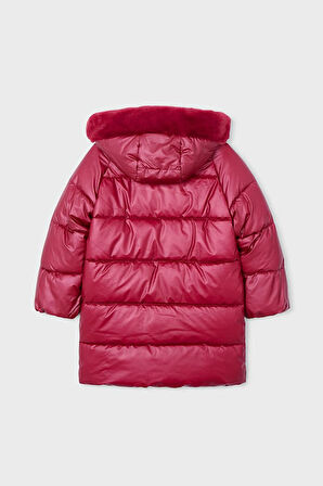 Kız Çocuk Normal Kalıp Kapüşonu Pelüş Astarlı Uzun Şişme Kaban - Vişne | 3 Yaş