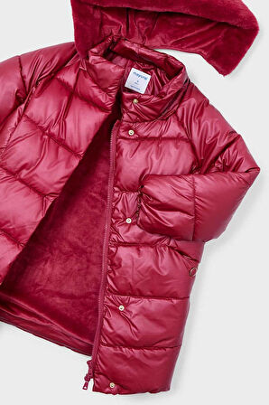 Kız Çocuk Normal Kalıp Kapüşonu Pelüş Astarlı Uzun Şişme Kaban - Vişne | 3 Yaş