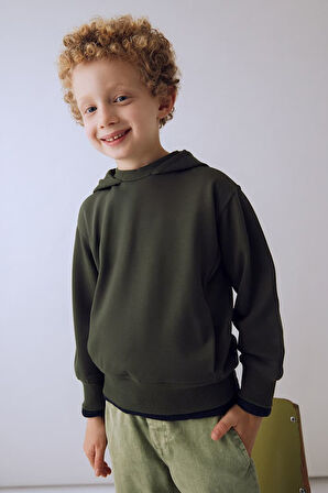 Erkek Çocuk Kapüşonlu Basic Sweatshirt - Haki | 9 Yaş