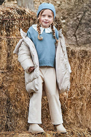 Kız Çocuk Beli Aksesuarlı Piliseli Triko Pantolon - Bej | 10 Yaş