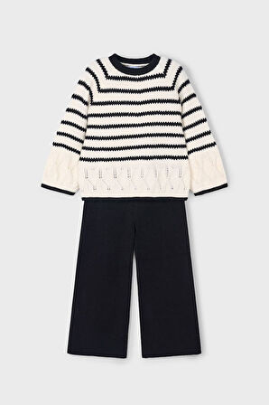 Kız Çocuk Çizgili Ajur Detaylı Geniş Paça Triko Takım - Siyah/Ekru | 10 Yaş