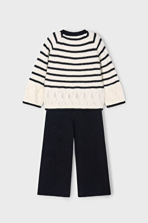 Kız Çocuk Çizgili Ajur Detaylı Geniş Paça Triko Takım - Siyah/Ekru | 10 Yaş