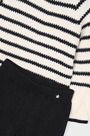 Kız Çocuk Çizgili Ajur Detaylı Geniş Paça Triko Takım - Siyah/Ekru | 10 Yaş