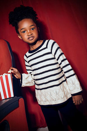 Kız Çocuk Çizgili Ajur Detaylı Geniş Paça Triko Takım - Siyah/Ekru | 10 Yaş