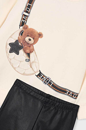 Kız Çocuk Regular Fit Ayıcık Baskılı Sweatshirt ve Tayt Takım - Ekru/Siyah | 10 Yaş