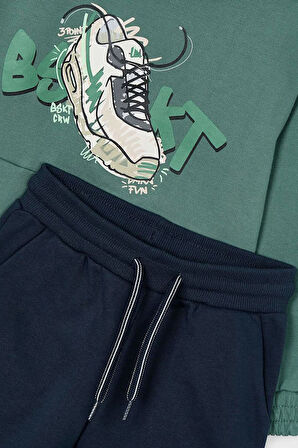 Erkek Çocuk Normal Kalıp Kapüşonlu Baskılı 2'li Eşofman Takımı - Yeşil | 5 Yaş