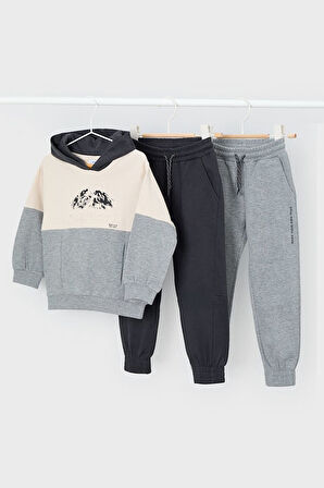 Erkek Çocuk Normal Kalıp 3 Parça Dağ Baskılı Eşofman Takımı - Gri | 9 Yaş