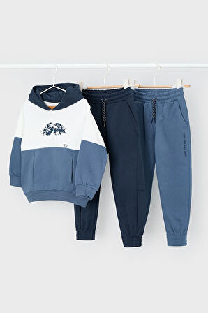 Erkek Çocuk Normal Kalıp 3 Parça Dağ Baskılı Eşofman Takımı - Mavi | 9 Yaş
