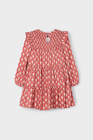 Kız Çocuk Göğsü Gipeli Fırfırlı Elbise - Kiremit | 8 Yaş