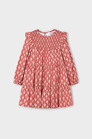 Kız Çocuk Göğsü Gipeli Fırfırlı Elbise - Kiremit | 10 Yaş