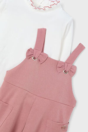 Kız Çocuk Normal Kalıp Fiyonk Detaylı 2'li Salopet Elbise Takımı - Gül Kurusu | 5 Yaş