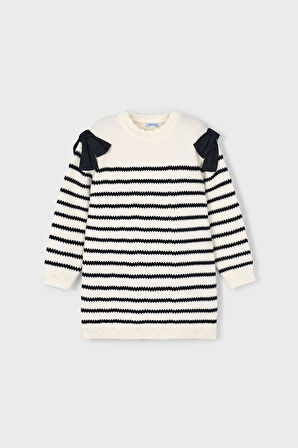 Kız Çocuk Düz Kesim Omuzları Fiyonklu Çizgili Triko Elbise - Krem | 10 Yaş