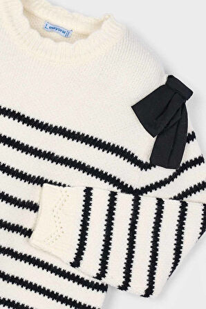 Kız Çocuk Düz Kesim Omuzları Fiyonklu Çizgili Triko Elbise - Krem | 10 Yaş