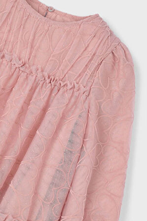 Kız Çocuk Desenli Kat Kat Tül Elbise - Pudra Pembe | 6 Yaş