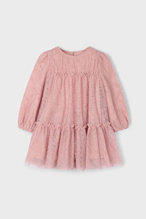 Kız Çocuk Desenli Kat Kat Tül Elbise - Pudra Pembe | 9 Yaş