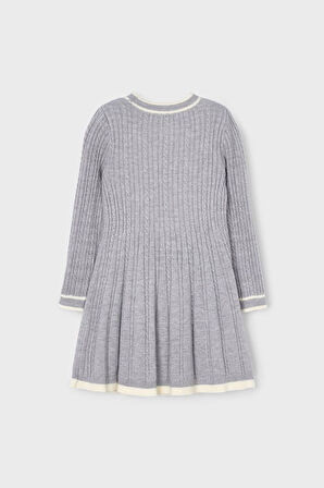 Kız Çocuk Kontrast Şeritli Saç Örgüsü Desenli Triko Elbise - Gri | 10 Yaş