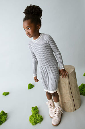 Kız Çocuk Kontrast Şeritli Saç Örgüsü Desenli Triko Elbise - Gri | 10 Yaş