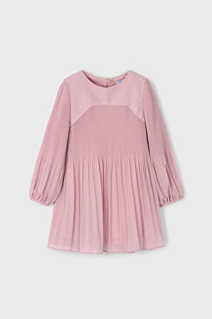 Kız Çocuk Balon Kol Pliseli Şifon Elbise - Pudra Pembe | 3 Yaş
