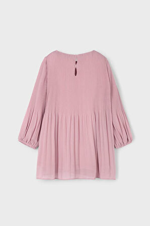 Kız Çocuk Balon Kol Pliseli Şifon Elbise - Pudra Pembe | 3 Yaş