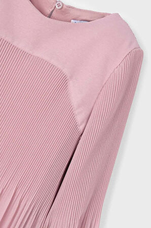 Kız Çocuk Balon Kol Pliseli Şifon Elbise - Pudra Pembe | 3 Yaş