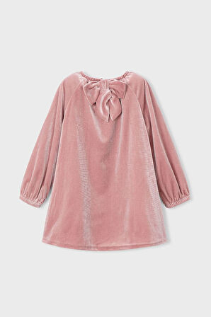 Kız Çocuk Yakası Büzgülü Kadife Elbise - Pudra Pembe | 3 Yaş