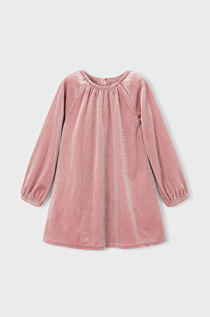 Kız Çocuk Yakası Büzgülü Kadife Elbise - Pudra Pembe | 9 Yaş