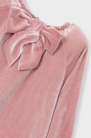 Kız Çocuk Yakası Büzgülü Kadife Elbise - Pudra Pembe | 9 Yaş