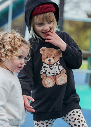 Mayoral Siyah Kız Çocuk Baskılı Kapüşonlu Elbise 4928