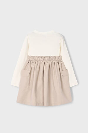 Kız Çocuk Kargo Cepli Kombin Görünümlü Elbise - Krem/Bej | 10 Yaş