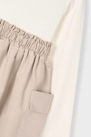 Kız Çocuk Kargo Cepli Kombin Görünümlü Elbise - Krem/Bej | 10 Yaş