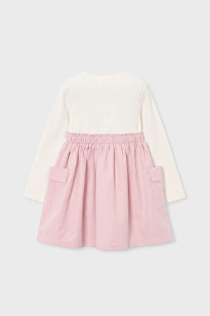 Kız Çocuk Standart Kalıp Kargo Cepli Kombin Görünümlü Elbise - Krem/Pembe | 5 Yaş