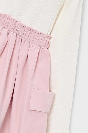 Kız Çocuk Standart Kalıp Kargo Cepli Kombin Görünümlü Elbise - Krem/Pembe | 7 Yaş