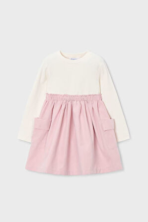 Kız Çocuk Standart Kalıp Kargo Cepli Kombin Görünümlü Elbise - Krem/Pembe | 9 Yaş