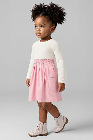 Kız Çocuk Standart Kalıp Kargo Cepli Kombin Görünümlü Elbise - Krem/Pembe | 9 Yaş