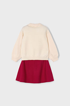 Kız Çocuk Rahat Kalıp Çilek Desenli Kazak ve Etek Takımı - Kırmızı/Krem | 10 Yaş