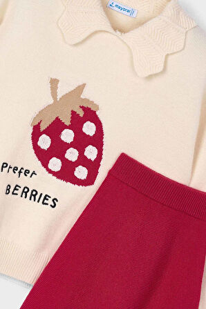 Kız Çocuk Rahat Kalıp Çilek Desenli Kazak ve Etek Takımı - Kırmızı/Krem | 10 Yaş