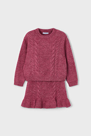 Kız Çocuk Saç Örgüsü Desenli Etekli Triko Takım - Vişne | 8 Yaş