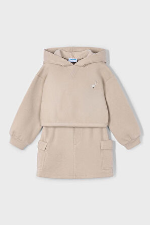Kız Çocuk Kapüşonlu Kısa Sweatshirt ve Kargo Etekli Takım - Bej | 10 Yaş