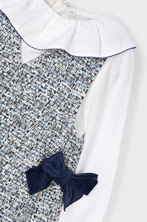 Kız Çocuk Fiyonk Detaylı Tüvit Görünümlü Jile Elbise - Mavi | 10 Yaş