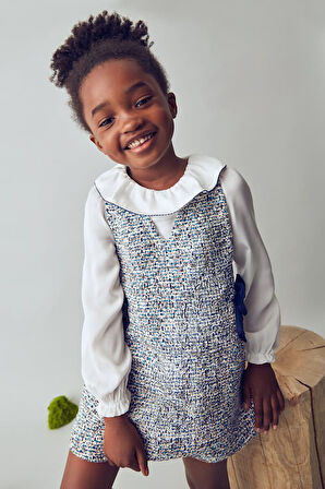 Kız Çocuk Fiyonk Detaylı Tüvit Görünümlü Jile Elbise - Mavi | 10 Yaş