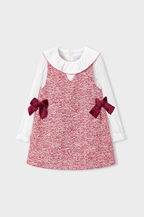 Kız Çocuk Fiyonk Detaylı Tüvit Görünümlü Jile Elbise - Kırmızı | 10 Yaş