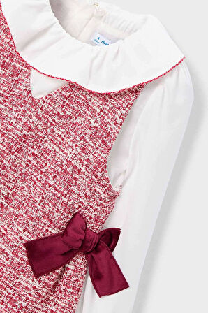 Kız Çocuk Fiyonk Detaylı Tüvit Görünümlü Jile Elbise - Kırmızı | 10 Yaş